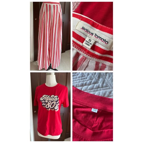 2 red mix and match pieces Made in the 80's t XS and Jealous Tomato striped wide - Picture 1 of 8